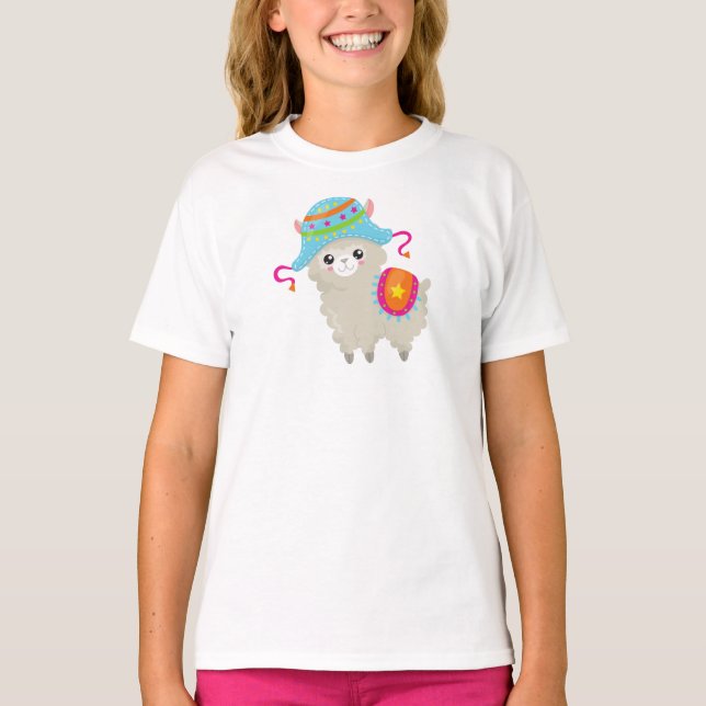 Camiseta Llama Cute, Pequeña Llama, Alpaca, Llama Con Gorra (Anverso)