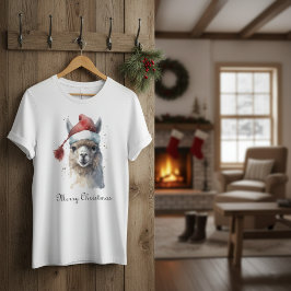 Camiseta Llama de Navidad con sombrero de Santa de acuarela
