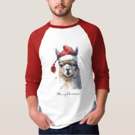 Camiseta Llama de Navidad en acuarela con sombrero de Santa