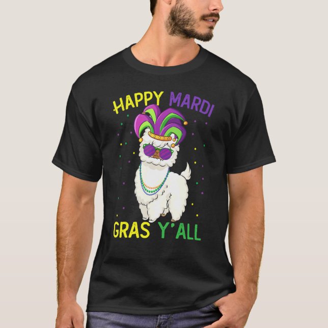 Camiseta Llama Mardi Gras sosteniendo abalorios de mascara  (Anverso)