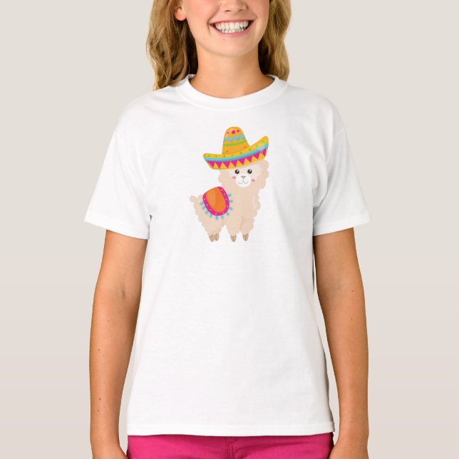 Camiseta Llama mexicana, llamada cuta, alpaca cuta, sombrer (Anverso)