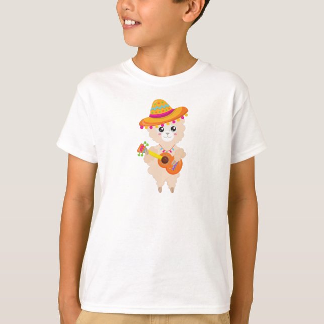 Camiseta Llama mexicana, llamada cuta, sombrero, guitarra (Anverso)