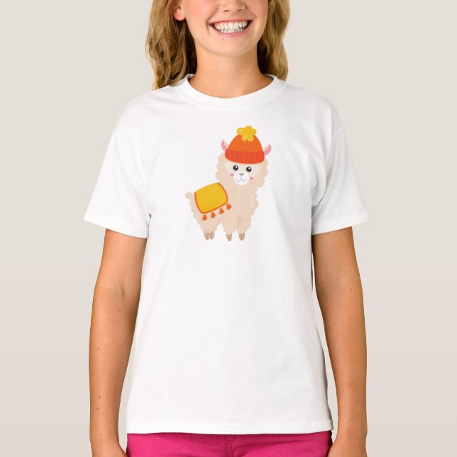 Camiseta Llama otoñal, Cute Llama, Alpaca, Llama Con Gorra (Anverso)