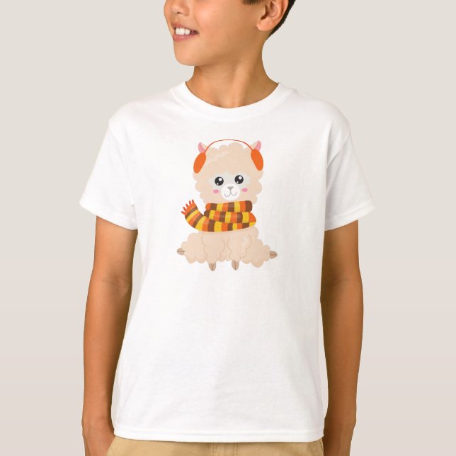 Camiseta Llama otoñal, Llama cuta, Llama con bufanda, alpac (Anverso)