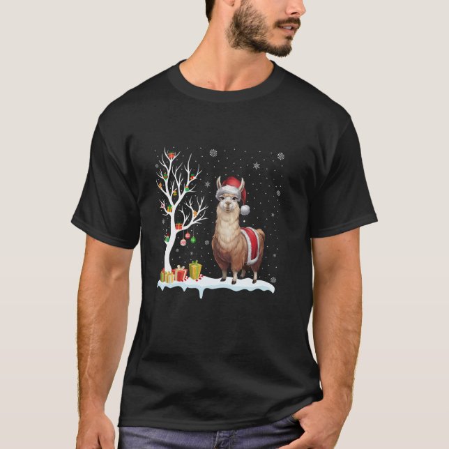 Camiseta Llama Santa Hat Navidades de luz de árbol festivo  (Anverso)