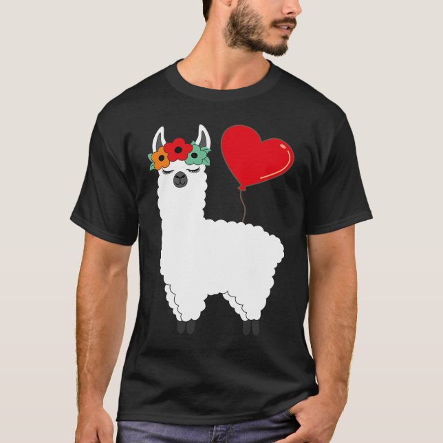 Camiseta Llama With Heart Balloon Valentines Day Love Boys (Anverso)