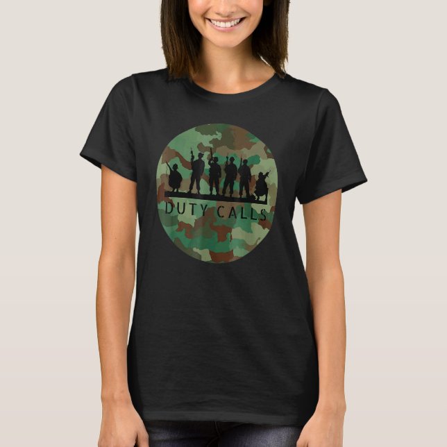Camiseta Llamadas de deber figuras de soldados de camuflaje (Anverso)