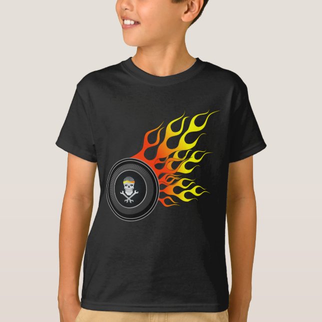Camiseta Llamas de la rueda de cráneo de la Carreras (Anverso)