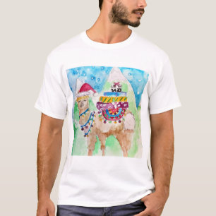 Camiseta Llamas lindas Feliz Navidad arte acuarela