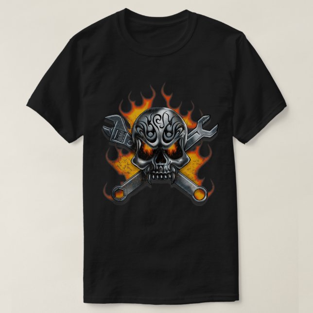 Camiseta Llave de cráneo metalizado Flames Hombres Mecánico (Diseño del anverso)