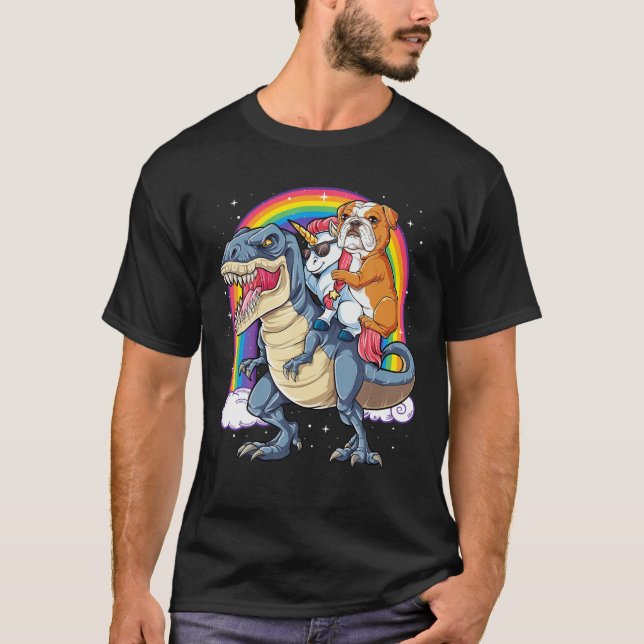 Camiseta Lluvia Bulldog inglés Unicorn Dinosaur T Rex Chica (Anverso)