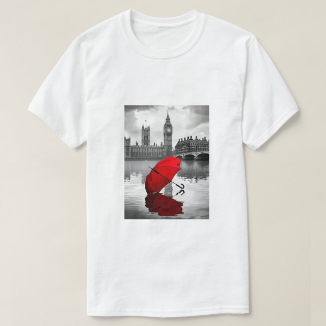 Camiseta Lluvia en Londres: Paraguas Rojo cerca del Támesis (Diseño del anverso)