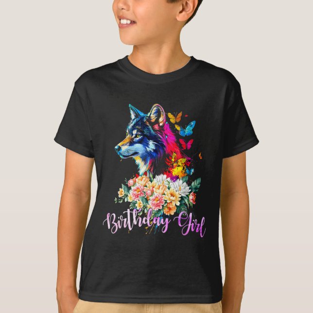 Camiseta Lobo Adorable Con Flores Para La Cumpleañera Mujer (Anverso)