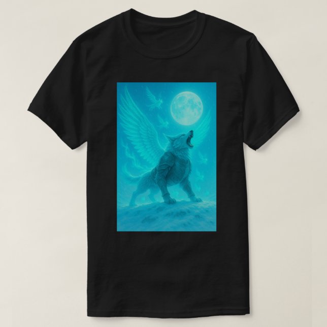 Camiseta Lobo Alado Místico Aullando a la Luna (Diseño del anverso)