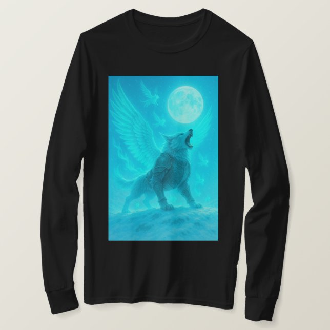 Camiseta Lobo Alado Místico Aullando a la Luna (Anverso del diseño)