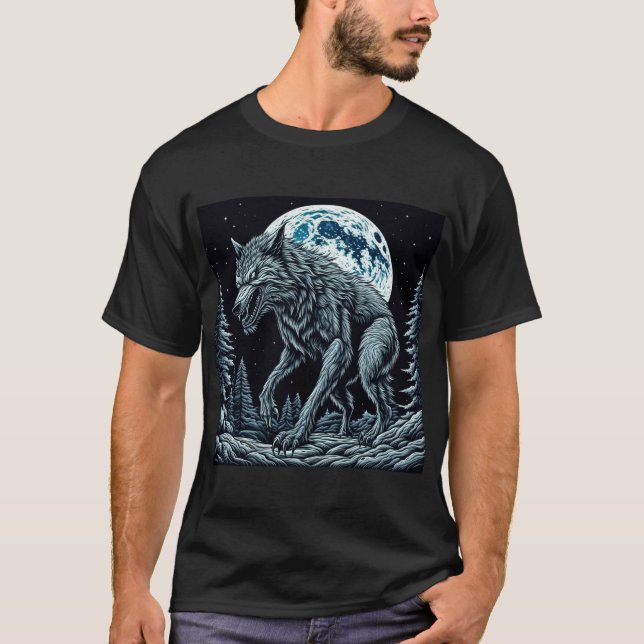 Camiseta Lobo antiguo gruñendo en una noche de luna llena (Anverso)
