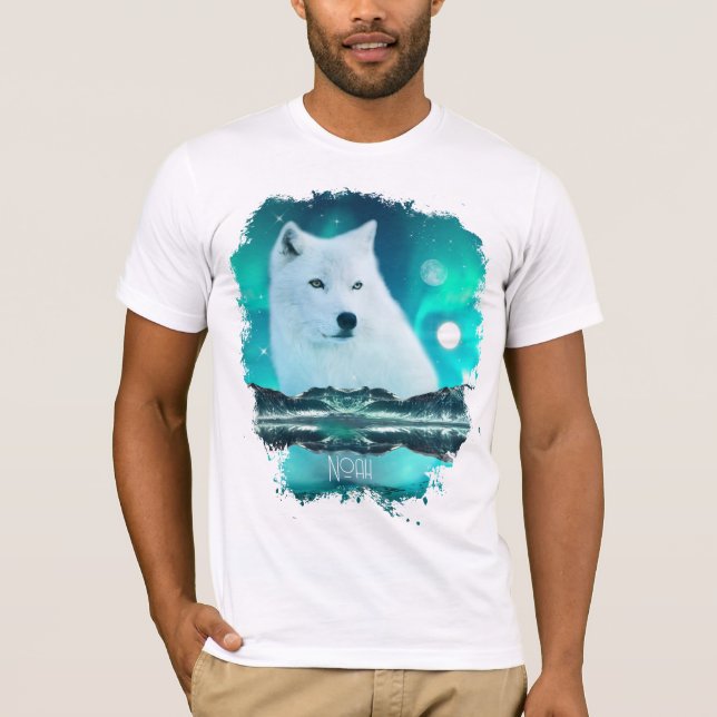 Camiseta Lobo ártico y noche mágica con luces del norte (Anverso)