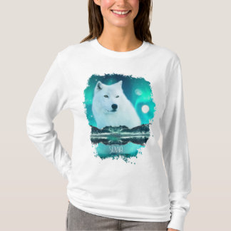 Camiseta Lobo ártico y noche mágica con luces del norte