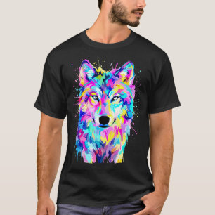 Camiseta Lobo Colorido Arte de Salpicaduras Vida Silvestre