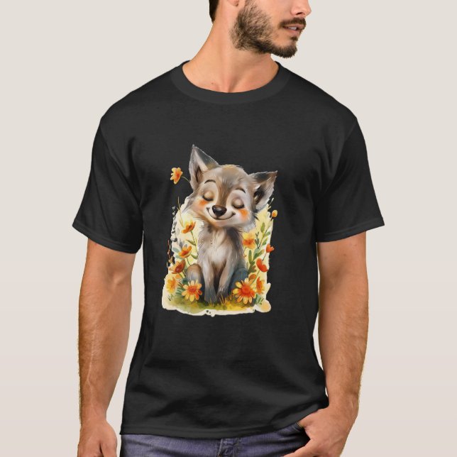 Camiseta lobo con flores lindo lobos luna de animal chico (Anverso)