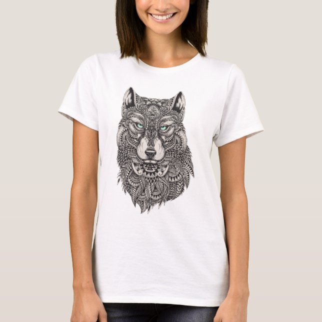 Camiseta Lobo con ojos verdes Ilustracion detallado (Anverso)