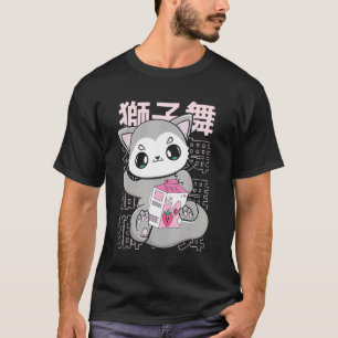 Camiseta Lobo Cuto Con Té De Leche De Fresa Para Boba