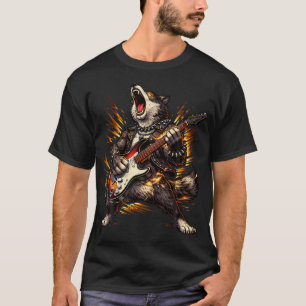 Camiseta Lobo Divertido Tocando Guitarra Rock And Roll Para