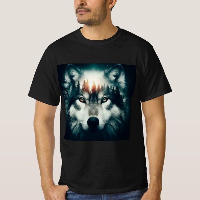 Camiseta  Lobo en la Noche: Diseño de Doble Exposición (Anverso)