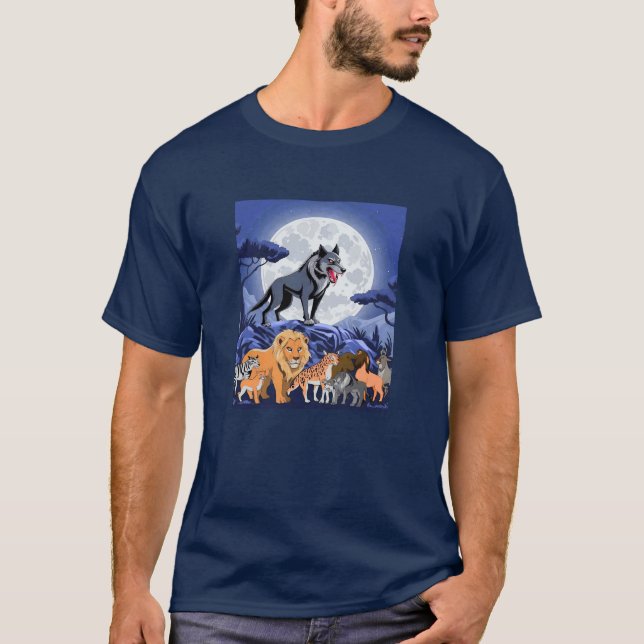 Camiseta Lobo feroz bajo la luna llena con animales de la j (Anverso)