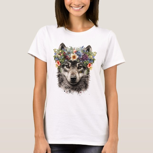 Camiseta Lobo floral acuarela (Anverso)
