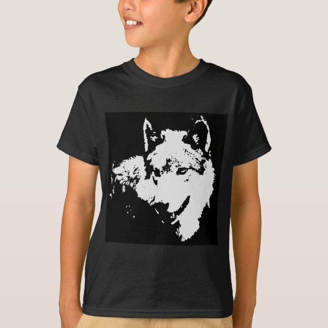 Camiseta Lobo gris de arte pop blanco y negro (Anverso)