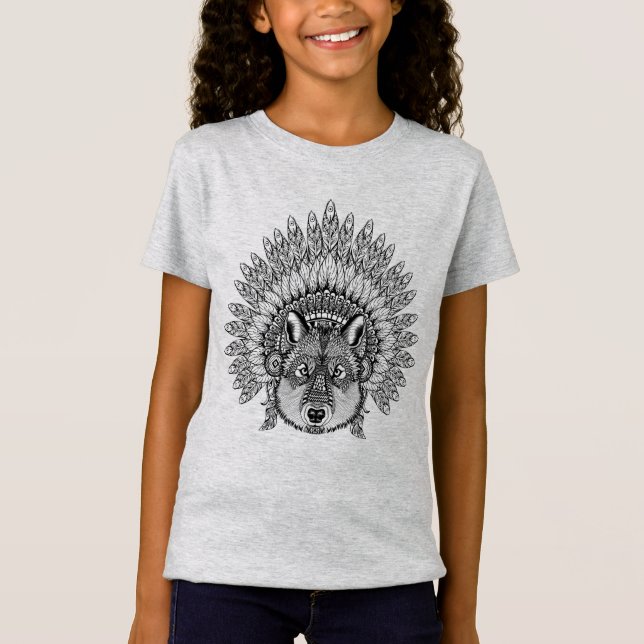 Camiseta Lobo inspirado en capo emplumado de la guerra (Anverso)