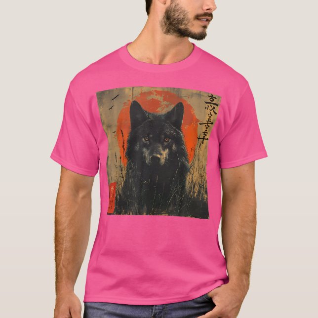 Camiseta Lobo Japonés Y Luna Roja Con Arte Kanji Japonés (Anverso)