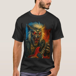 Camiseta Lobo Metalizado pesado tocando guitarra