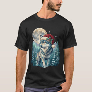 Camiseta Lobo Navidad Sombrero de Santa Luna Llena Bosque d