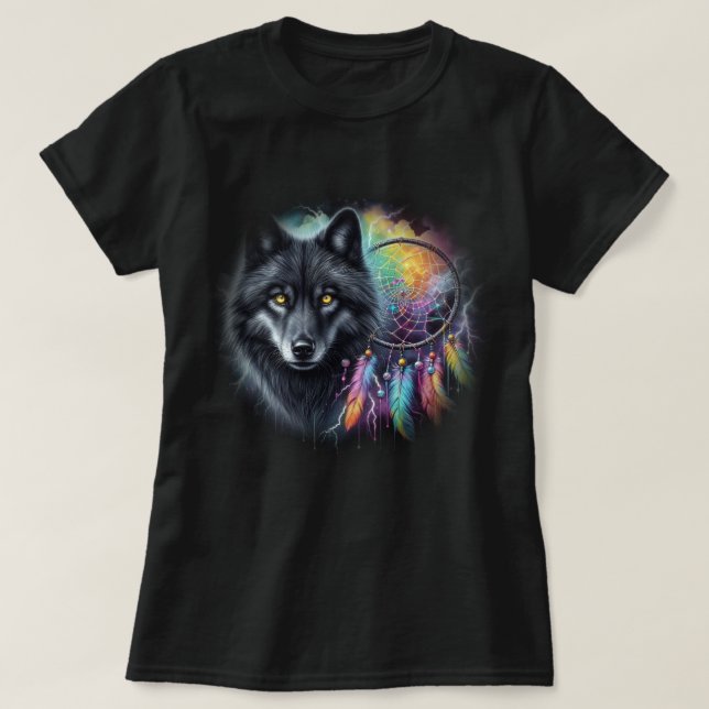 Camiseta Lobo Negro con Cazador de Sueños (Diseño del anverso)