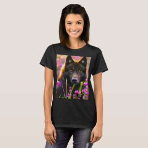 Camiseta lobo negro con flores rosadas