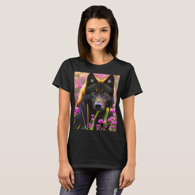 Camiseta lobo negro con flores rosadas (Anverso completo)