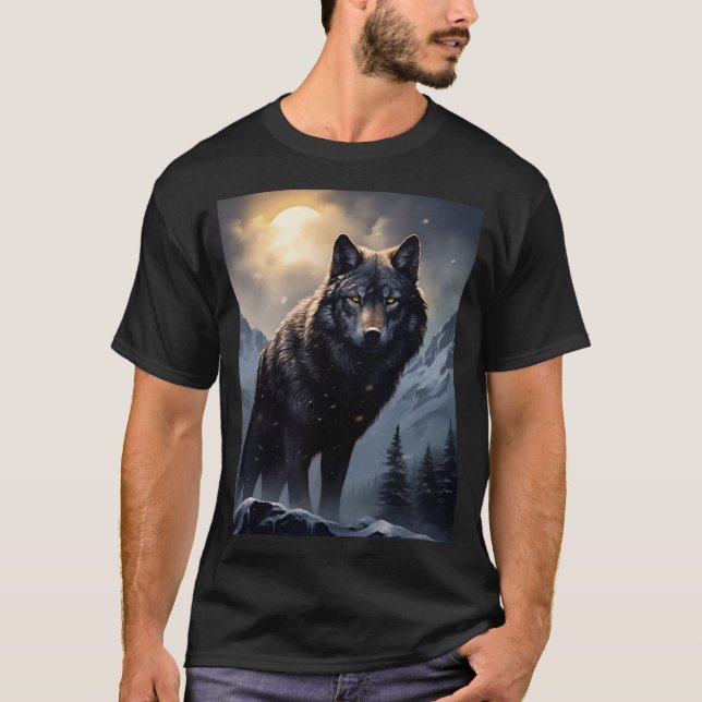 Camiseta Lobo negro en montañas nevadas (Anverso)