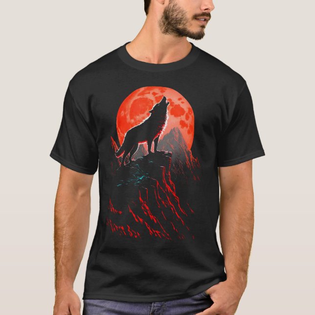 Camiseta Lobo Rojo Aullando En La Luna Bosque Animales Salv (Anverso)