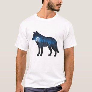 Camiseta Lobo Silueta Doble Exposición Bajo la Luz de la Lu