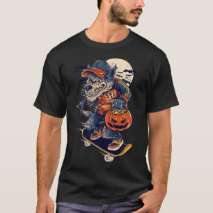 Camiseta Lobo skateboarding genial que lleva una calabaza d