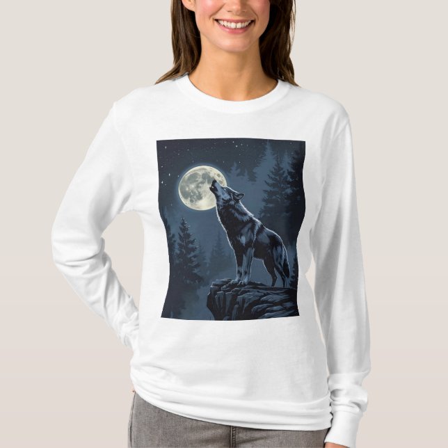 Camiseta Lobo Solitario Aullando a la Luna Arte de Bosque N (Anverso)