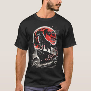 Camiseta Lobo Solitario En Luna Roja - Arte de Tatuaje de A