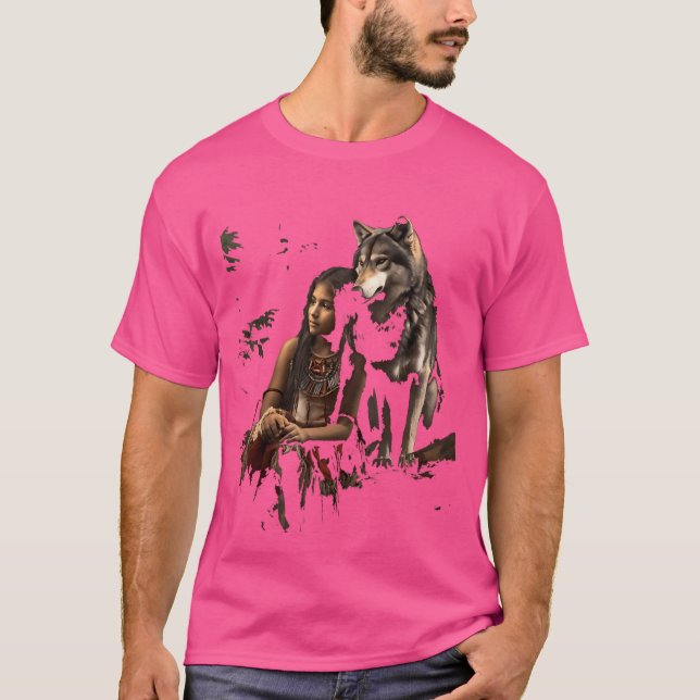 Camiseta Lobo y Chica indígena India (Anverso)
