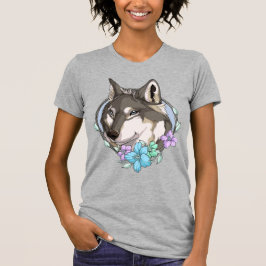 Camiseta Lobo y flores grises ilustrados
