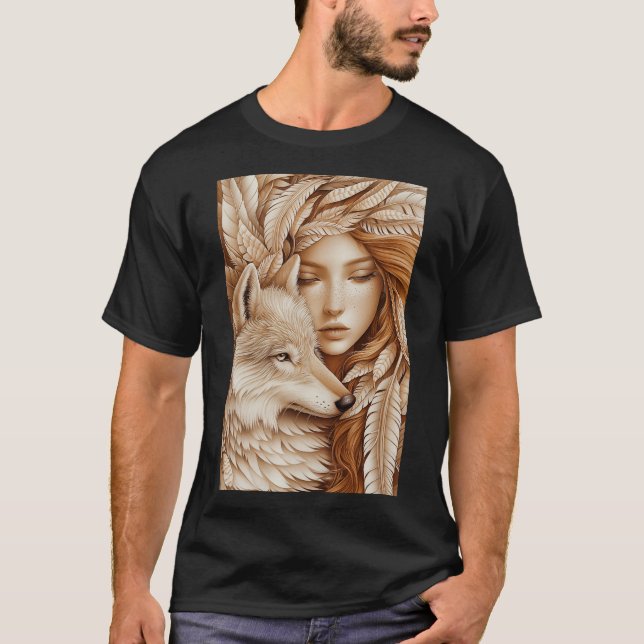 Camiseta Lobo y mujer en plumas (Anverso)