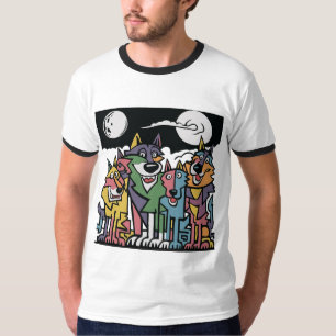Camiseta Lobos divertidos y arte abstracto de luna llena