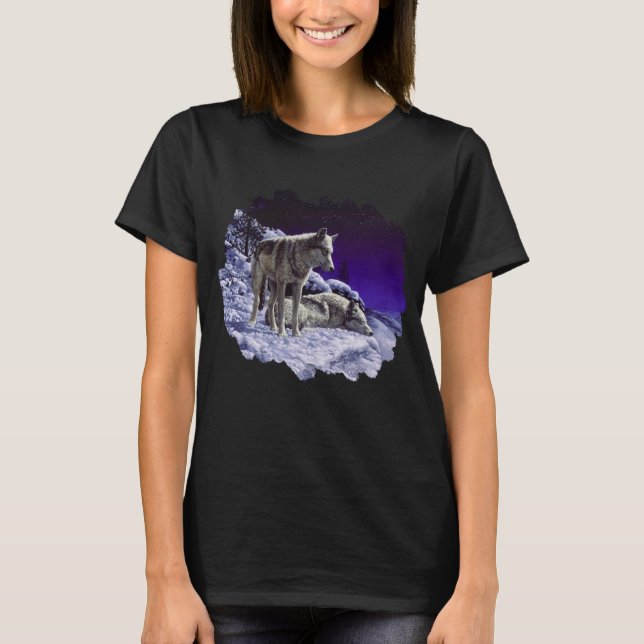 Camiseta Lobos grises en la nieve de invierno de noche (Anverso)