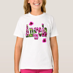 Camiseta Logotipo de nombre de Angela floral rosa,
